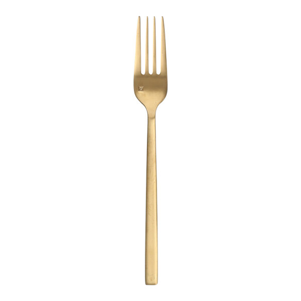 A Fortessa Arezzo brushed gold stainless steel table fork with a handle on a white background.
