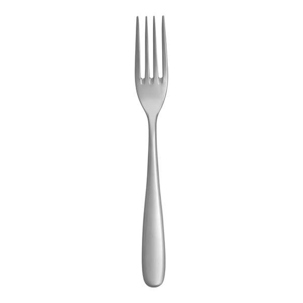 A close-up of a Fortessa Grand City stainless steel table fork with a silver handle.