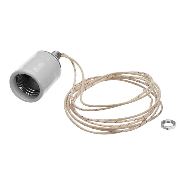 A white Hatco lamp holder with wires and a metal nut.