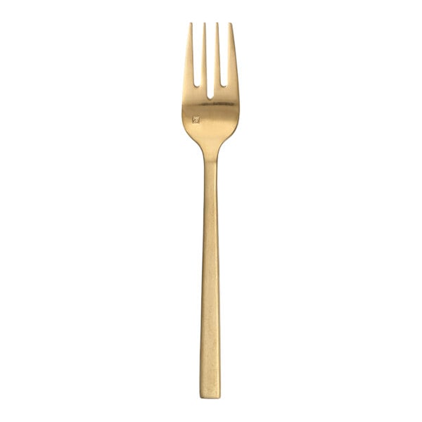A Fortessa Arezzo stainless steel salad/dessert fork with a brushed gold handle.