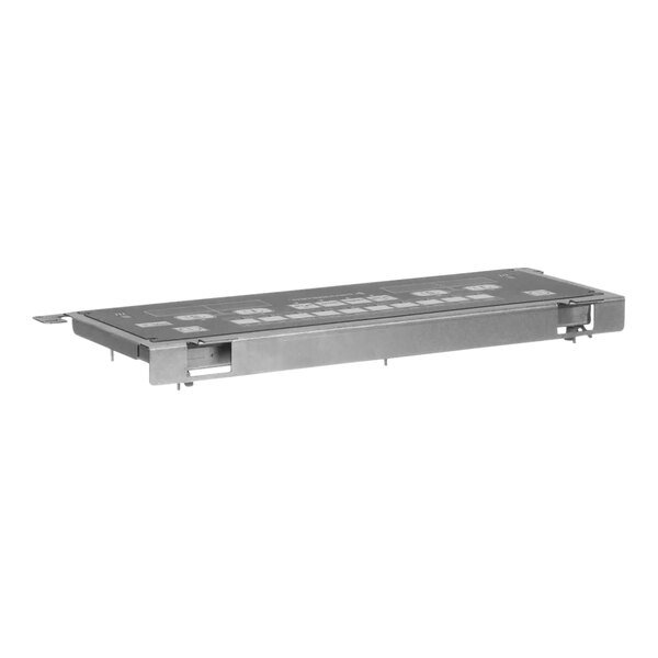 A grey rectangular metal shelf with a metal plate on top and buttons.