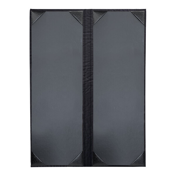 A grey rectangular menu cover with black edges and corners.