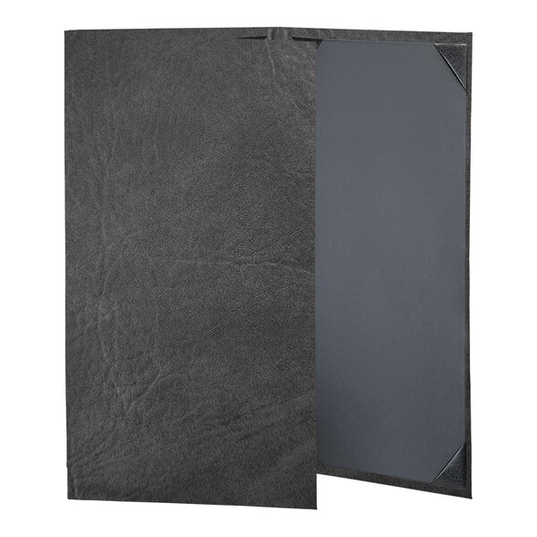 A black leather menu cover with a black border and grey cover.