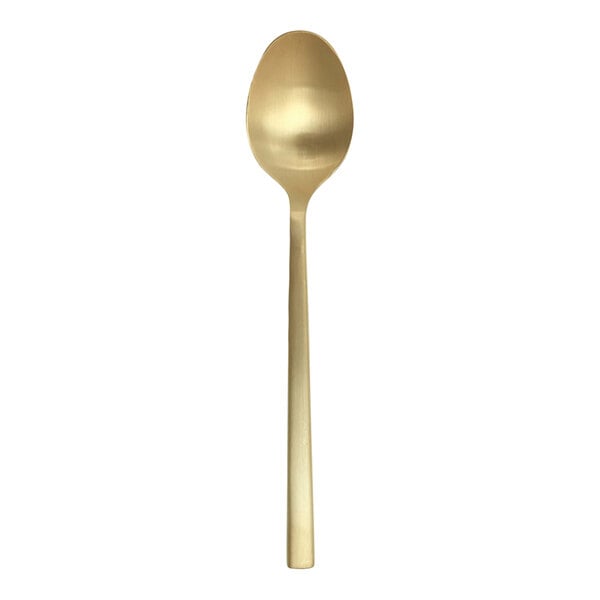 A Fortessa Arezzo brushed gold stainless steel demitasse spoon with a long handle.