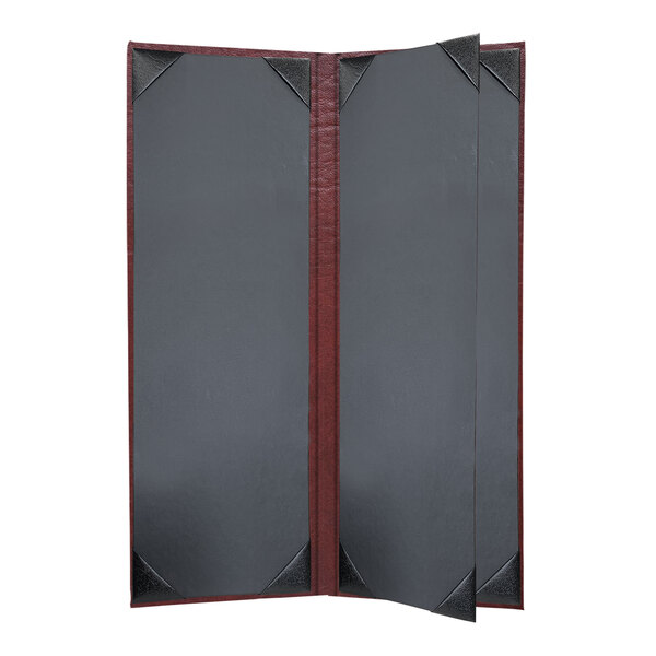A grey board with a red border and black and red folding menu cover with a black cover.