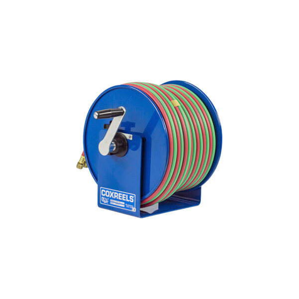 A blue Coxreels 100W hand crank hose reel with green and red hoses.