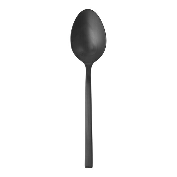 A close-up of a Fortessa Arezzo brushed black stainless steel serving spoon with a long handle.