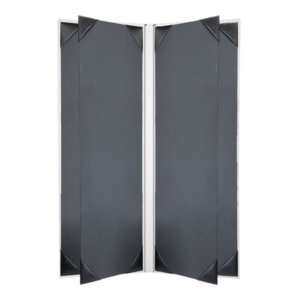 A white menu cover with black and silver trim and six panels.