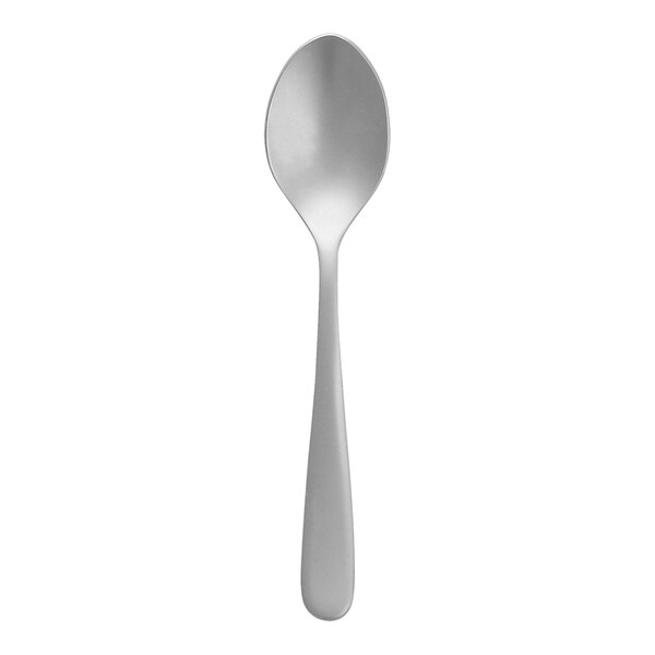 A Fortessa stainless steel demitasse spoon with a sand blasted silver handle.