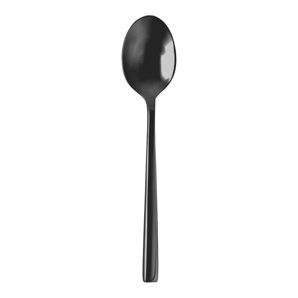 A Fortessa Arezzo brushed black stainless steel demitasse spoon with a white background.