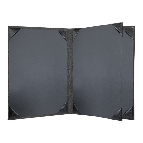 A grey rectangular menu cover with black corners and a black border with white trim.