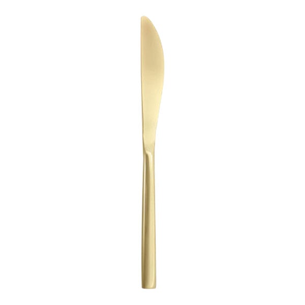 A Fortessa Arezzo brushed gold stainless steel dessert knife with a long handle.
