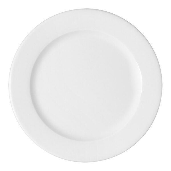 A close up of a Bauscher bright white porcelain plate with a white border.