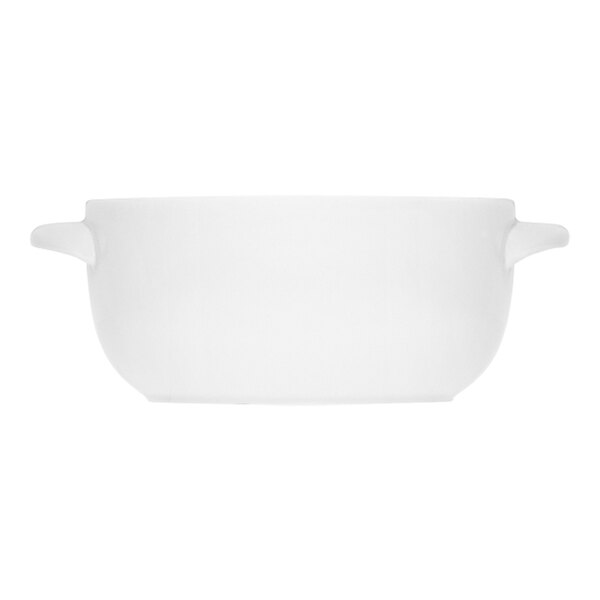 A Bauscher bright white porcelain casserole dish with handles.