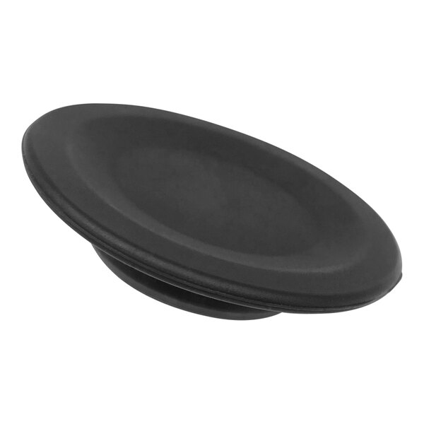 A black plastic circular cap with a hole.
