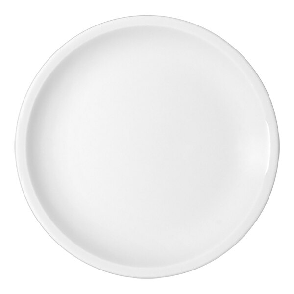 A Bauscher bright white porcelain coupe plate with a rim.