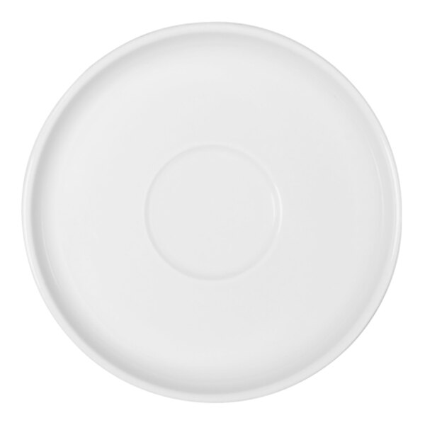 A Bauscher bright white porcelain saucer with a circle in the middle.