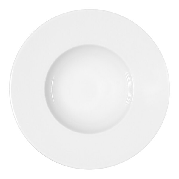 A Bauscher bright white porcelain plate with a wide rim and round center.