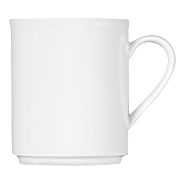 A close-up of a Bauscher bright white porcelain mug with a handle.