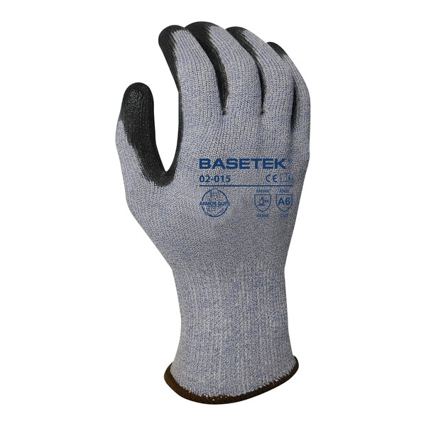 A pair of blue Armor Guys Basetek gloves with a black polyurethane palm coating.