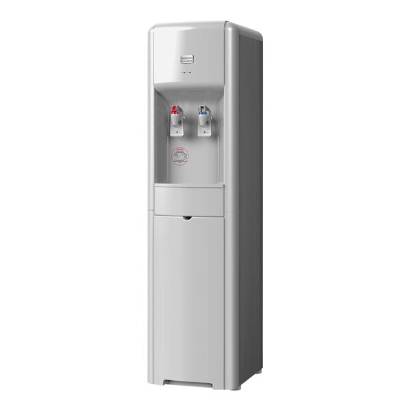 An Aquverse 7PH white water cooler with two water bottles.