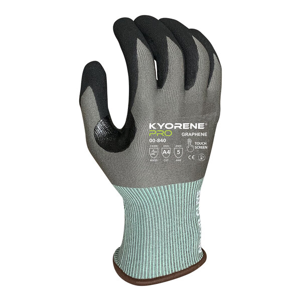 A pair of gray and black Armor Guys heavy duty work gloves with blue cuffs.
