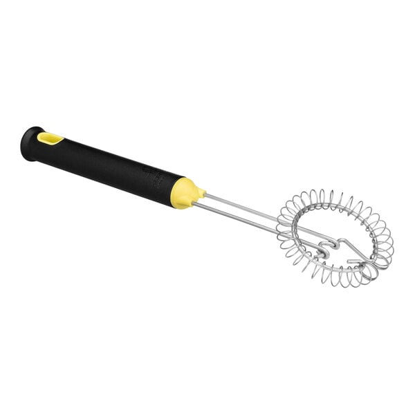 A black and yellow wire whisk with a black handle.