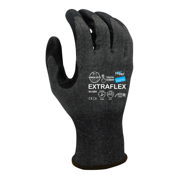A dark gray Armor Guys work glove with white "Extraflex" text on the back.
