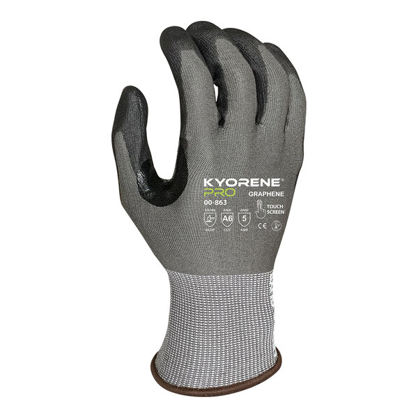 A gray and black Armor Guys work glove with a white cuff and black palm coating.