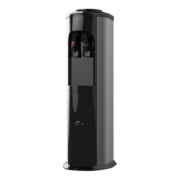 A black rectangular Clover water dispenser with two water dispensers.