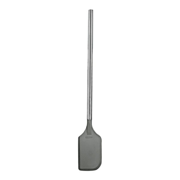 A close-up of a Matfer Bourgeat metal spatula with a white handle.