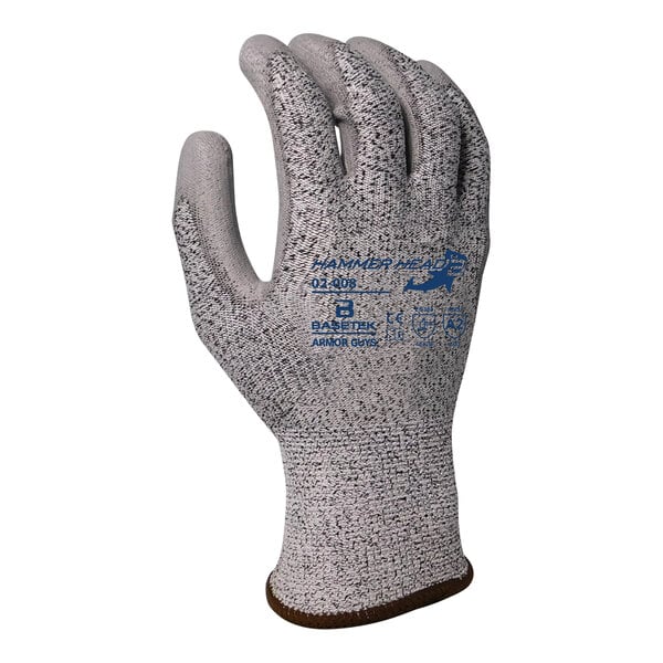 A close-up of Armor Guys Basetek HDPE gloves with gray polyurethane palm coating.