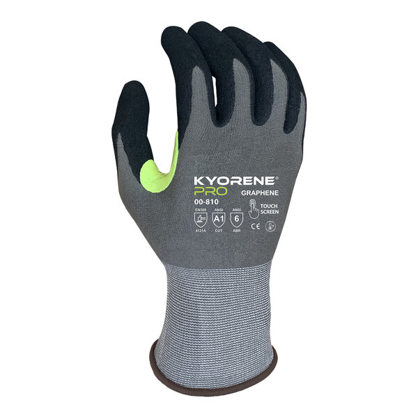 A pair of gray and black Armor Guys Kyorene Pro gloves with a black palm coating.