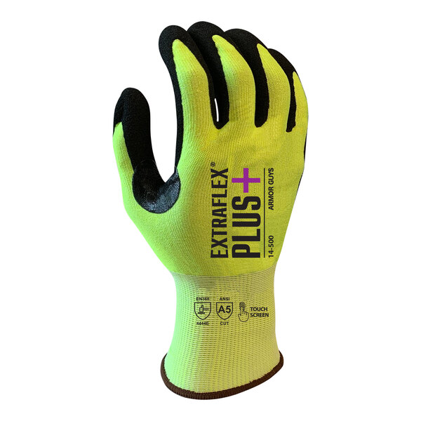 A yellow and black Armor Guys Extraflex Plus work glove.