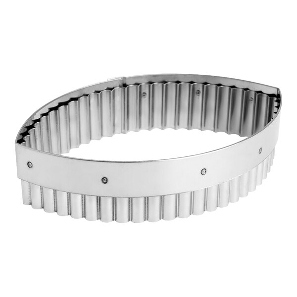 A stainless steel Matfer Bourgeat oval fluted cutter with many small holes in a metal ring.