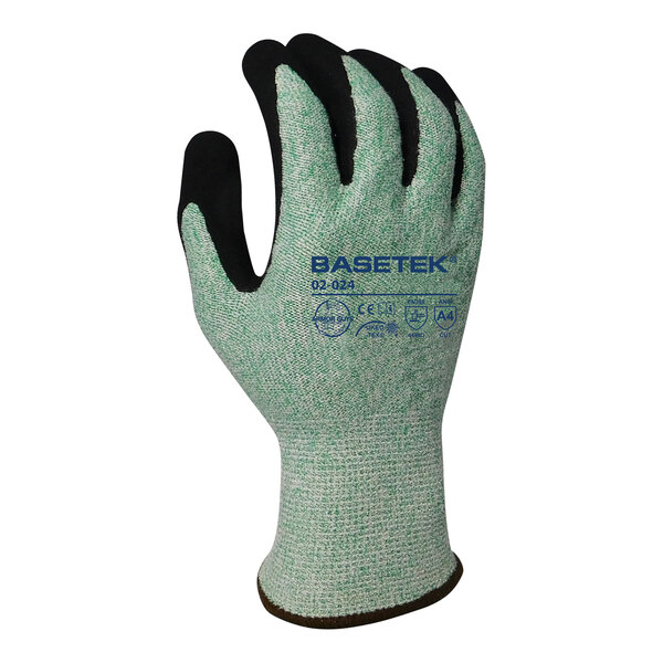 A close-up of a pair of Armor Guys green HDPE gloves with black HCT microfoam nitrile coating with the word "Basetek" on them.