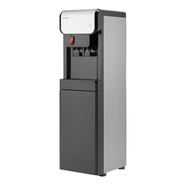 An Aquverse black and silver water cooler with a red button.