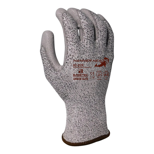 A pair of Armor Guys Basetek HDPE gloves with gray polyurethane palms.