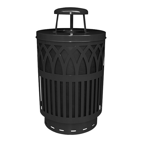 A black Witt Industries steel outdoor trash can with a metal rain cap lid.