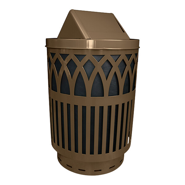 A Witt Industries brown steel trash can with a swing top lid.