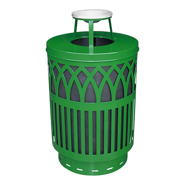 A green Witt Industries outdoor trash can with a green ash top lid.