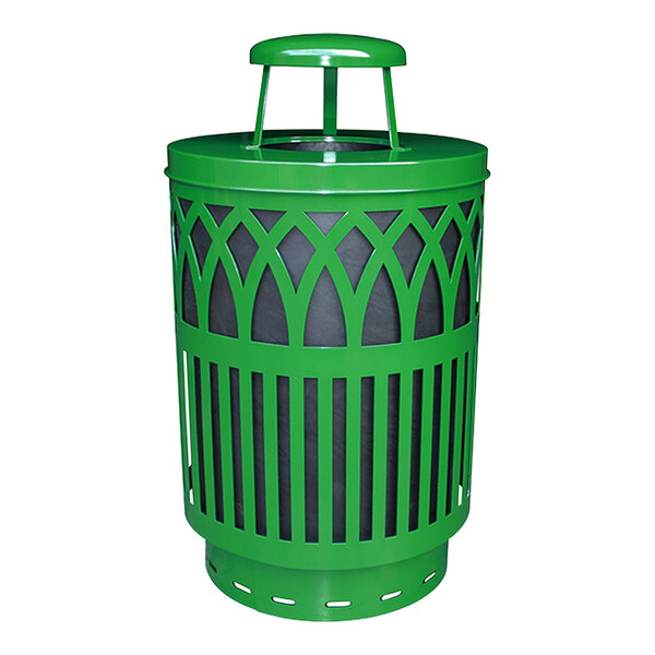 A green metal trash can with a rain cap lid.