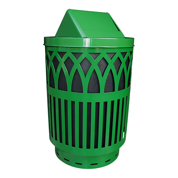 A green Witt Industries outdoor trash can with a green swing top lid.