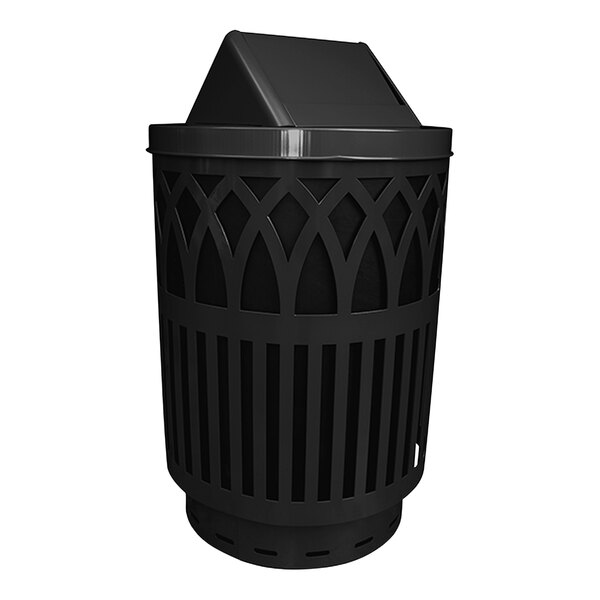 A Witt Industries black steel outdoor waste receptacle with a swing top lid.