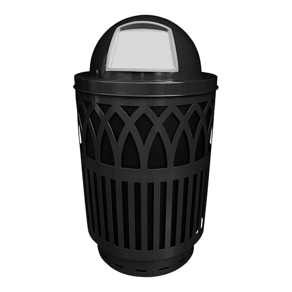 A black Witt Industries Covington outdoor trash can with a dome top lid.