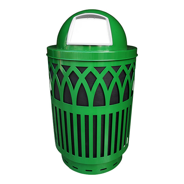 A green Witt Industries outdoor trash can with a green dome top lid.