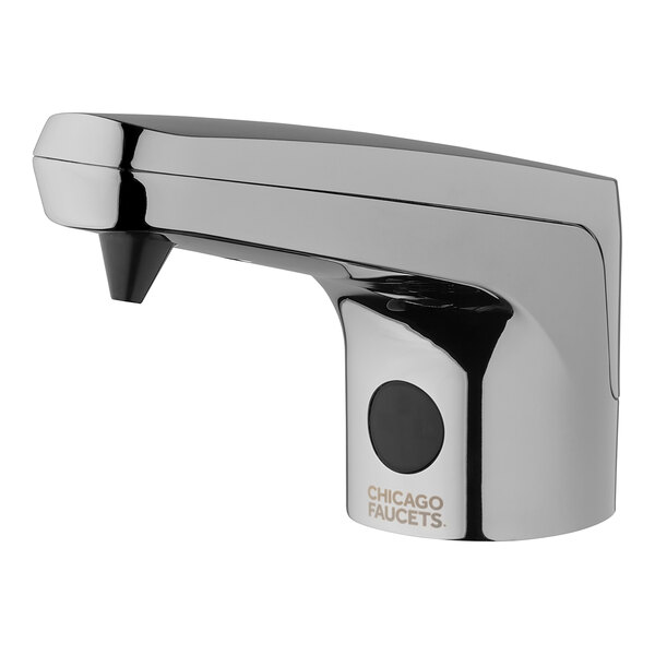 A Chicago Faucets touchless liquid soap dispenser with a polished chrome finish and black button.