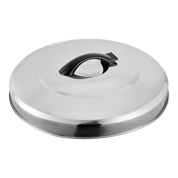 An Avantco stainless steel lid with a black handle.