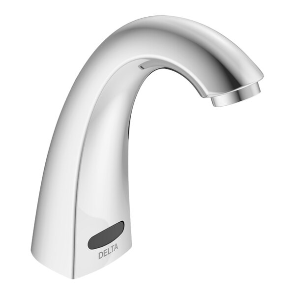 A silver Delta touchless faucet with a hi-rise spout and touch screen.