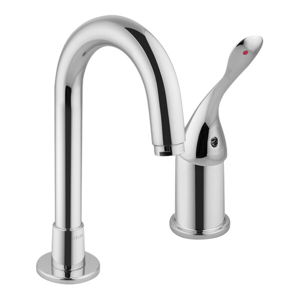 A close-up of a Delta chrome deck-mount kitchen faucet with a single vandal-resistant elbow handle.
